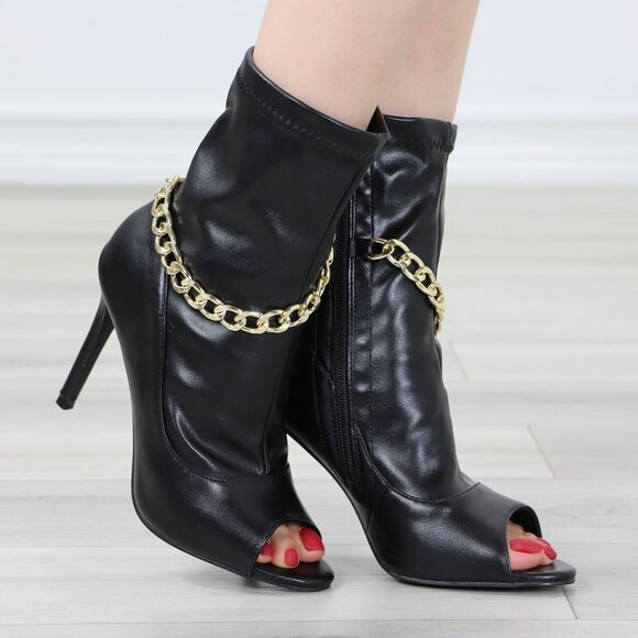 Black Open Toe High Heel Boots Trendy Gold Ankle Chain Heeled Stiletto's - Picture 1 of 13